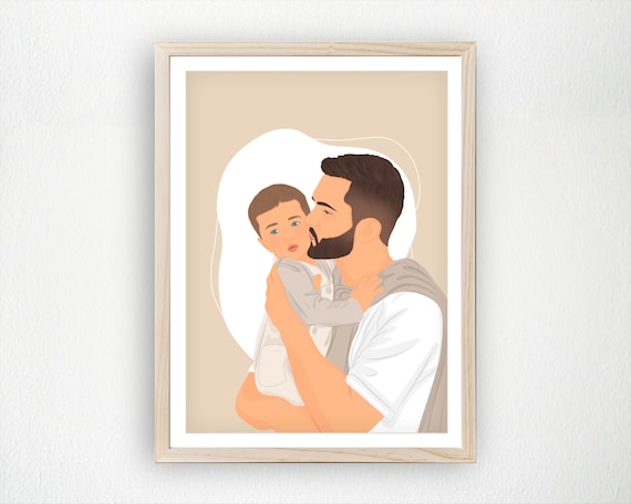 Custom Dad And Child Portrait From Photo Fathers Day Gift Personalized Father Baby Drawing Family Illustration Print