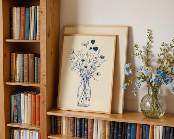Blue Line Art Wildflower Bouquet Glass Jar Minimal Botanical Poster