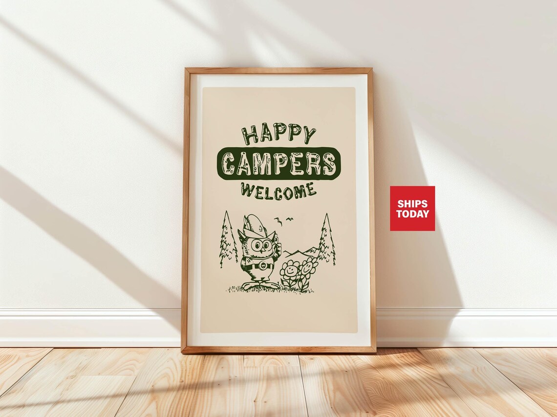 Happy Campers Welcome Cute Owl Vintage Retro Camping Sign Poster