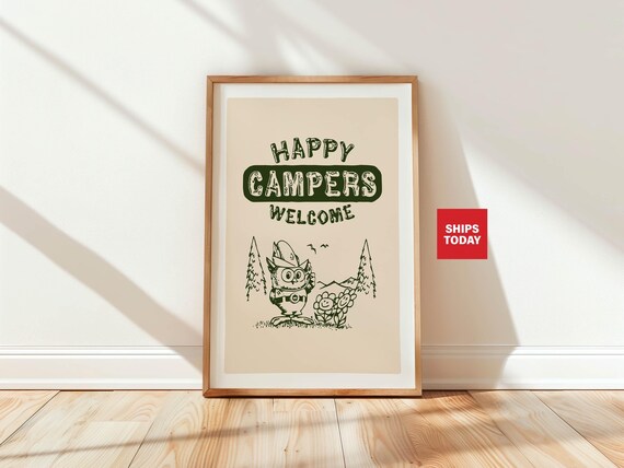 Happy Campers Welcome Cute Owl Vintage Retro Camping Sign Poster