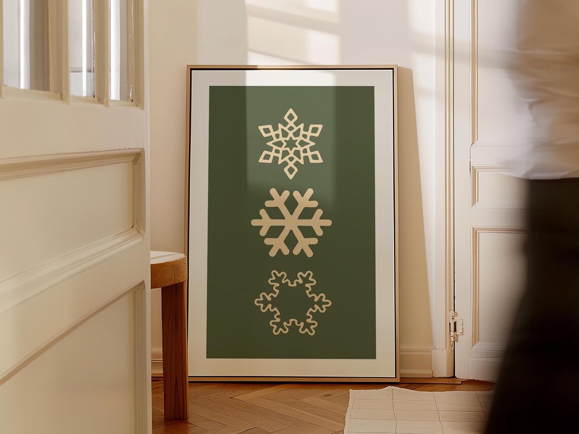 Cream Snowflake Trio on Green Minimalist Winter Season Art Poster