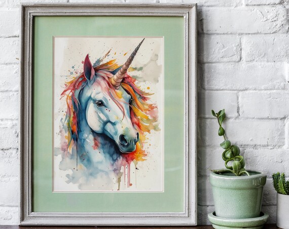 Rainbow Unicorn Watercolor Portrait Magical Fantasy Horse Art Poster