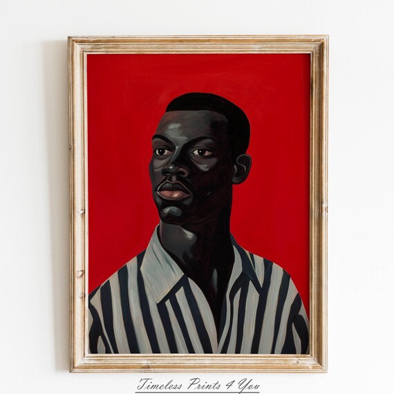 Black Man Red Background Striped Shirt Modern Portrait Art Poster