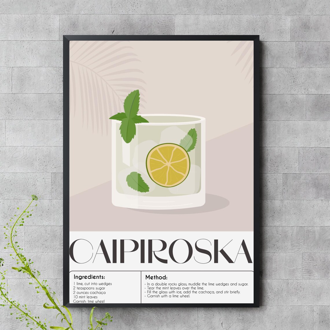 Caipiroska Cocktail Recipe Poster With Mint Lime Glass And Soft Pink Art