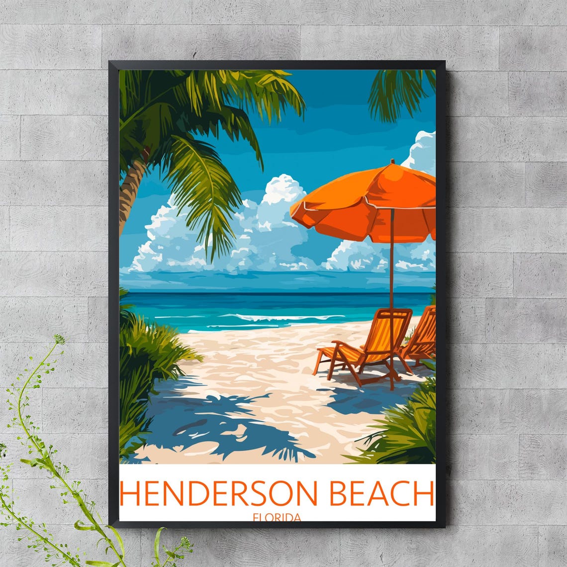 Henderson Beach Florida Travel Poster With Palms Chairs And Umbrella