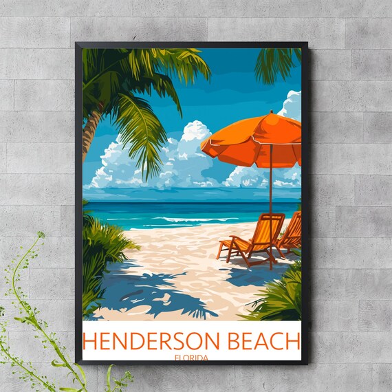 Henderson Beach Florida Travel Poster With Palms Chairs And Umbrella