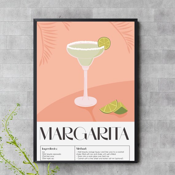 Margarita Cocktail Recipe Poster With Salt Rim Glass And Lime Art