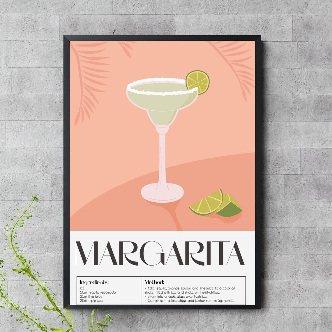 Margarita Cocktail Recipe Poster With Salt Rim Glass And Lime Art