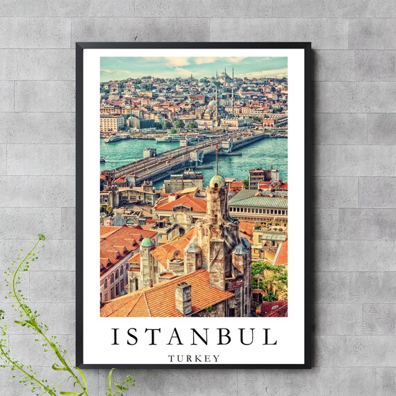 Golden Horn Istanbul Print Galata Bridge Cityscape Wall Art Turkey Travel Poster Colorful Rooftops Boats