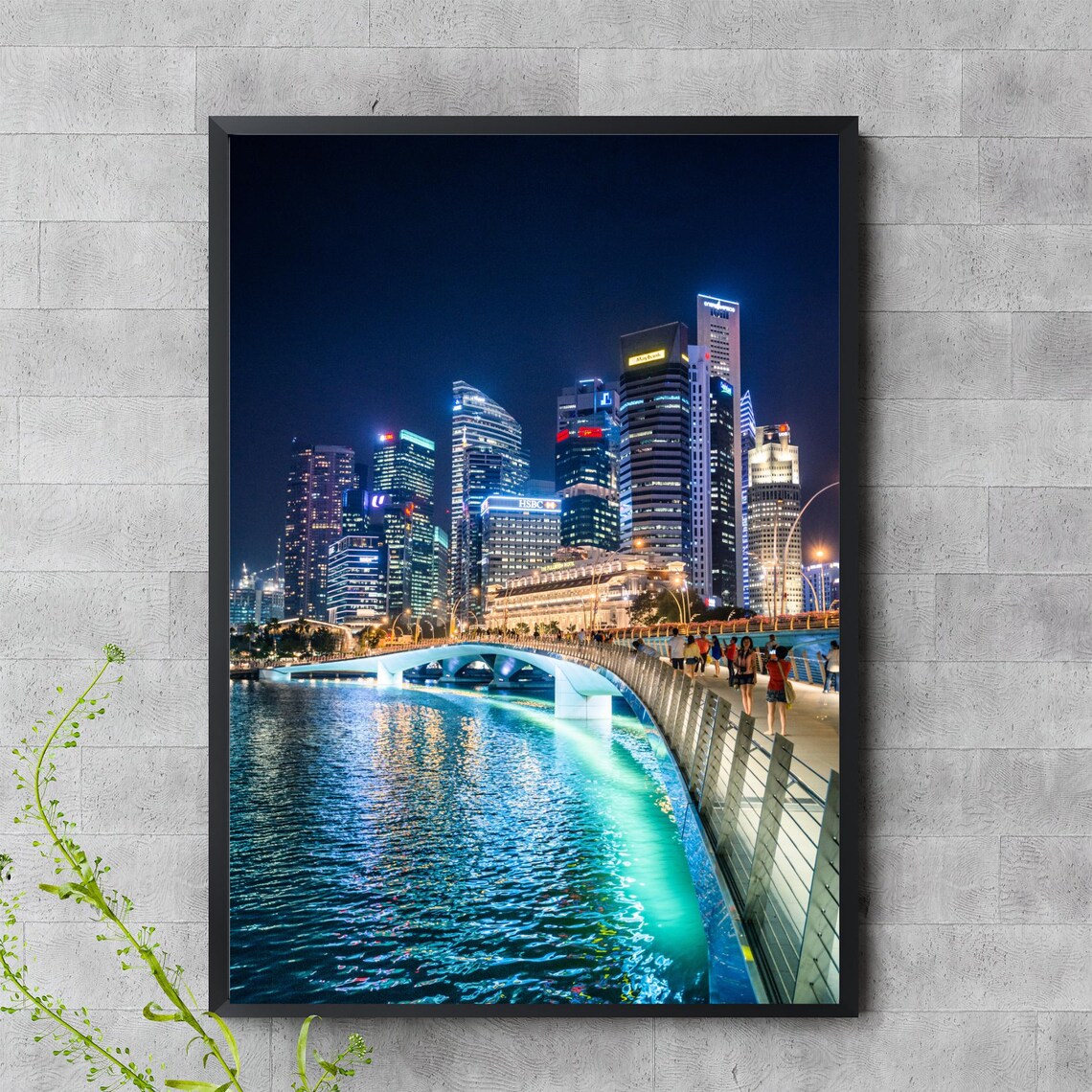 Night City Skyline with Lit Bridge Over Water Photography Print