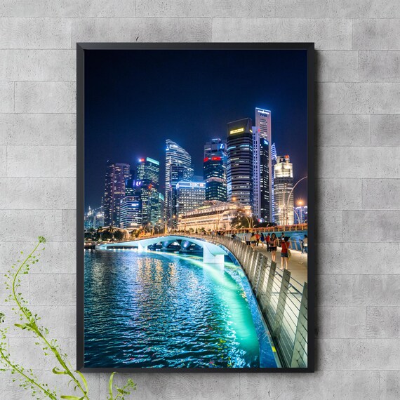 Singapore Skyline Night Wall Art Marina Bay Cityscape Photography Urban Lights Poster Travel Print