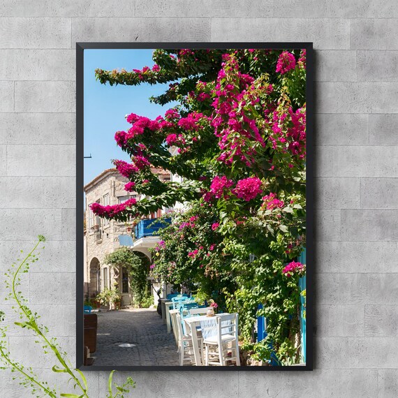 Bougainvillea Lined Aegean Street Cafe Travel Photography Wall Art