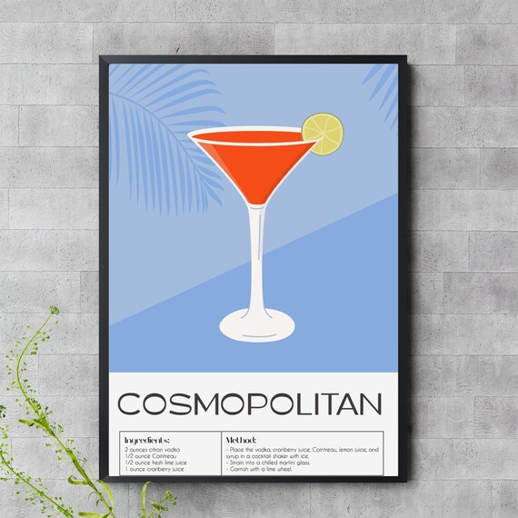 Cosmopolitan Cocktail Recipe Vintage Style Art Print for Home Bar Decor