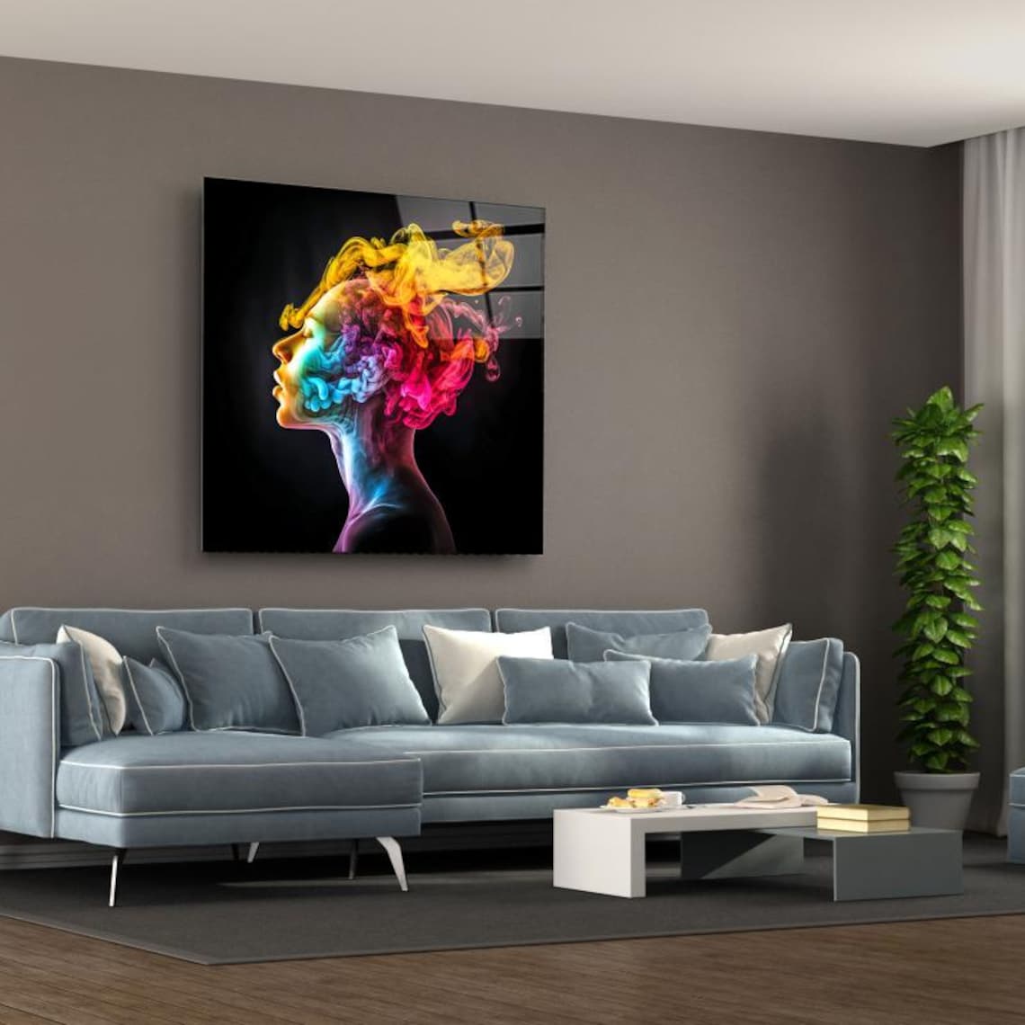 Woman Profile With Rainbow Smoke Hair Abstract Face Glass Poster - Image 3
