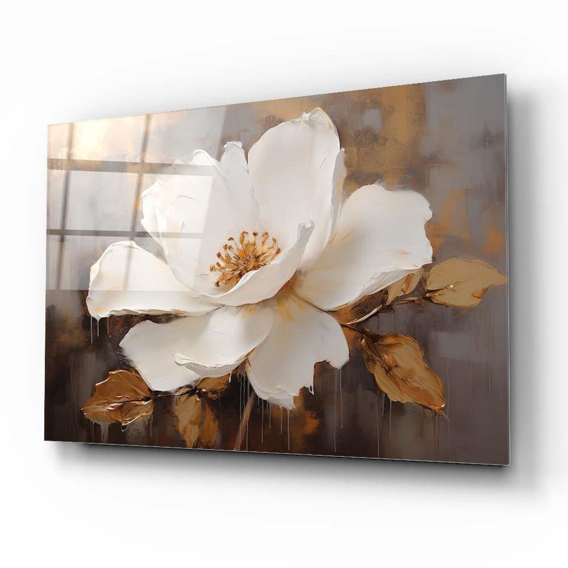 White Bloom Flower Dark Gold Leaves Modern Floral Art Poster - Image 2