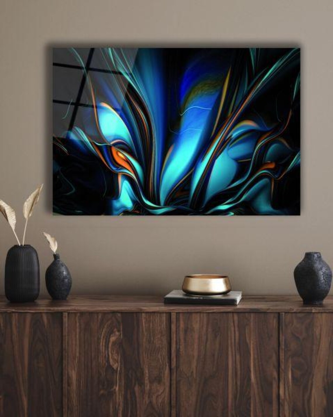 Mystic Flow Tempered Glass Wall Art Abstract Fluid Design Luminous Blue And Orange Swirls Modern Home Decor - Image 2