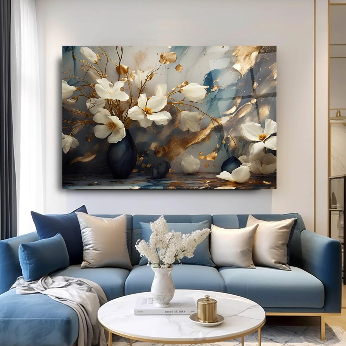 Elegant Floral Tempered Glass Wall Art White And Gold Flowers In Vase Modern Glass Print Luxury Wall Decor For Home Or Office