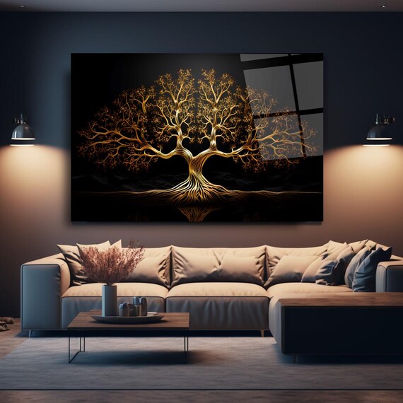 Golden Tree Of Life Wall Art Tempered Glass Print Modern Nature Decor Luxury Glass Wall Art For Home And Office