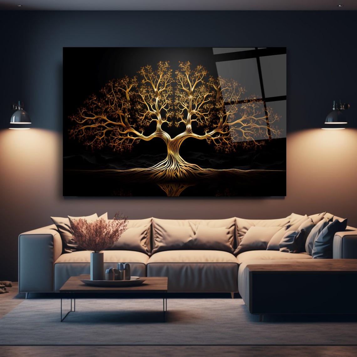 Golden Tree Of Life On Midnight Black Modern Luxury Glass Poster