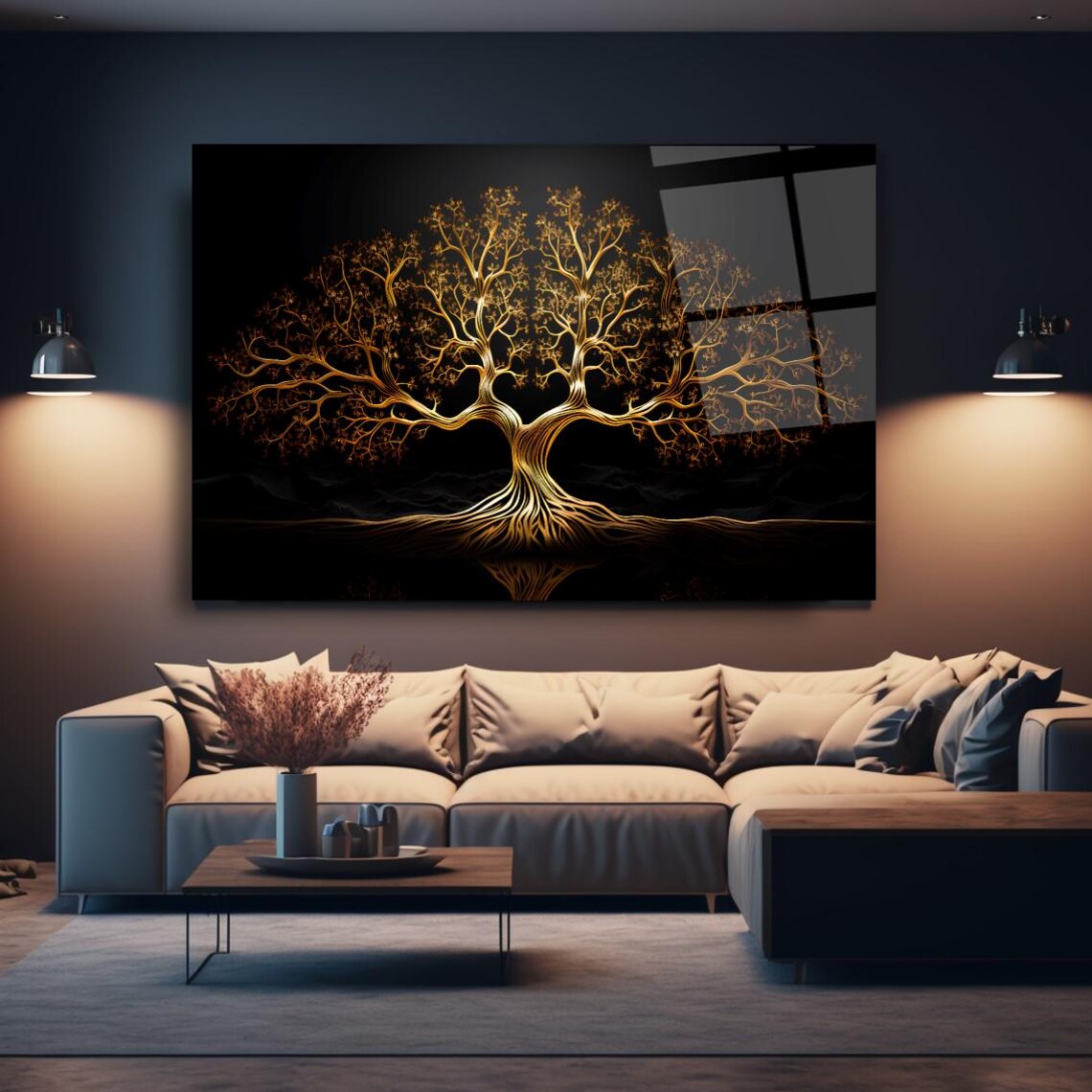 Golden Tree Of Life Wall Art Tempered Glass Print Modern Nature Decor Luxury Glass Wall Art For Home And Office