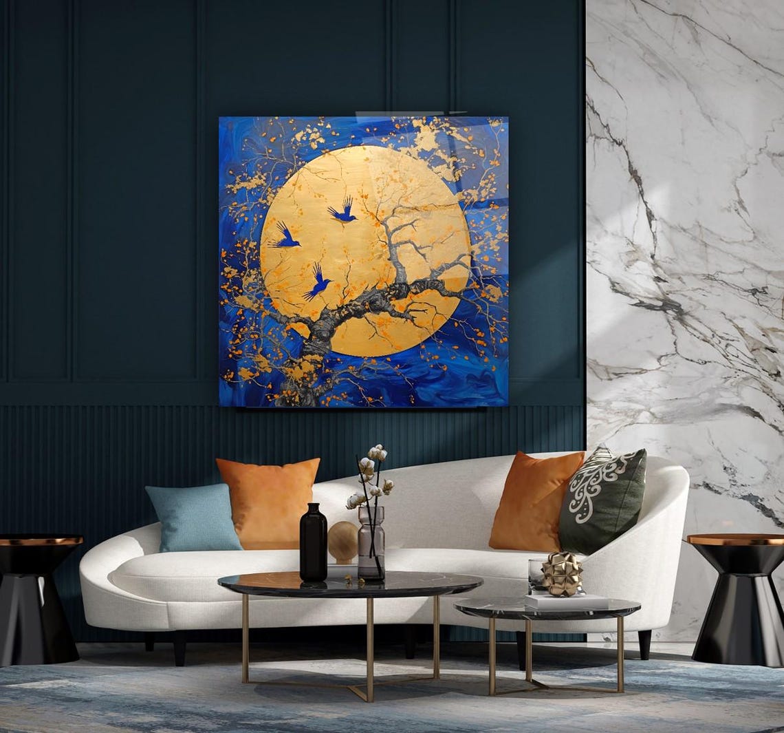 Golden Moon With Tree And Birds On Blue Modern Nature Poster