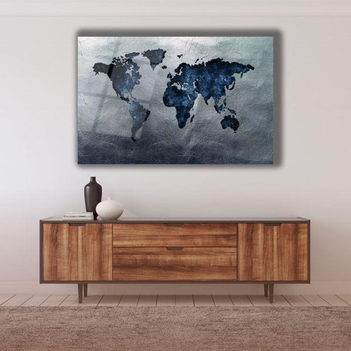Modern Navy World Map Textured Gray Contemporary Travel Poster