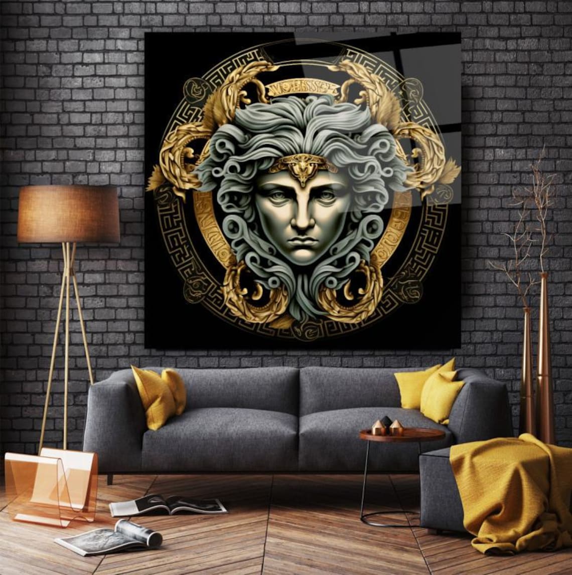 Mythical Medusa Portrait with Golden Ornaments on Black Wall Art - Image 3