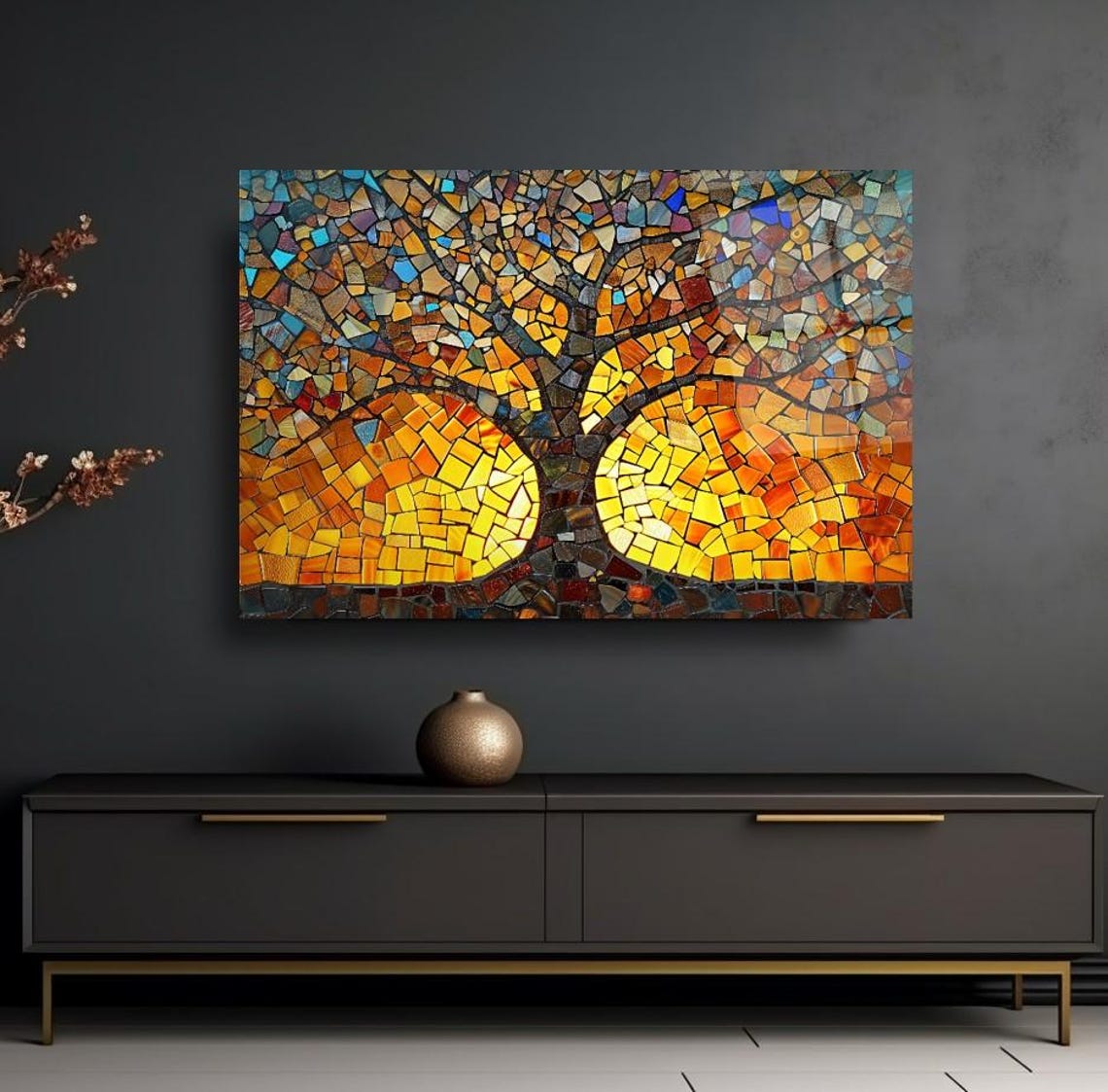 Tree Of Life Mosaic Wall Art Tempered Glass Print Sunset Glow Wall Decor Elegant Home Decor Modern Wall Glass Design