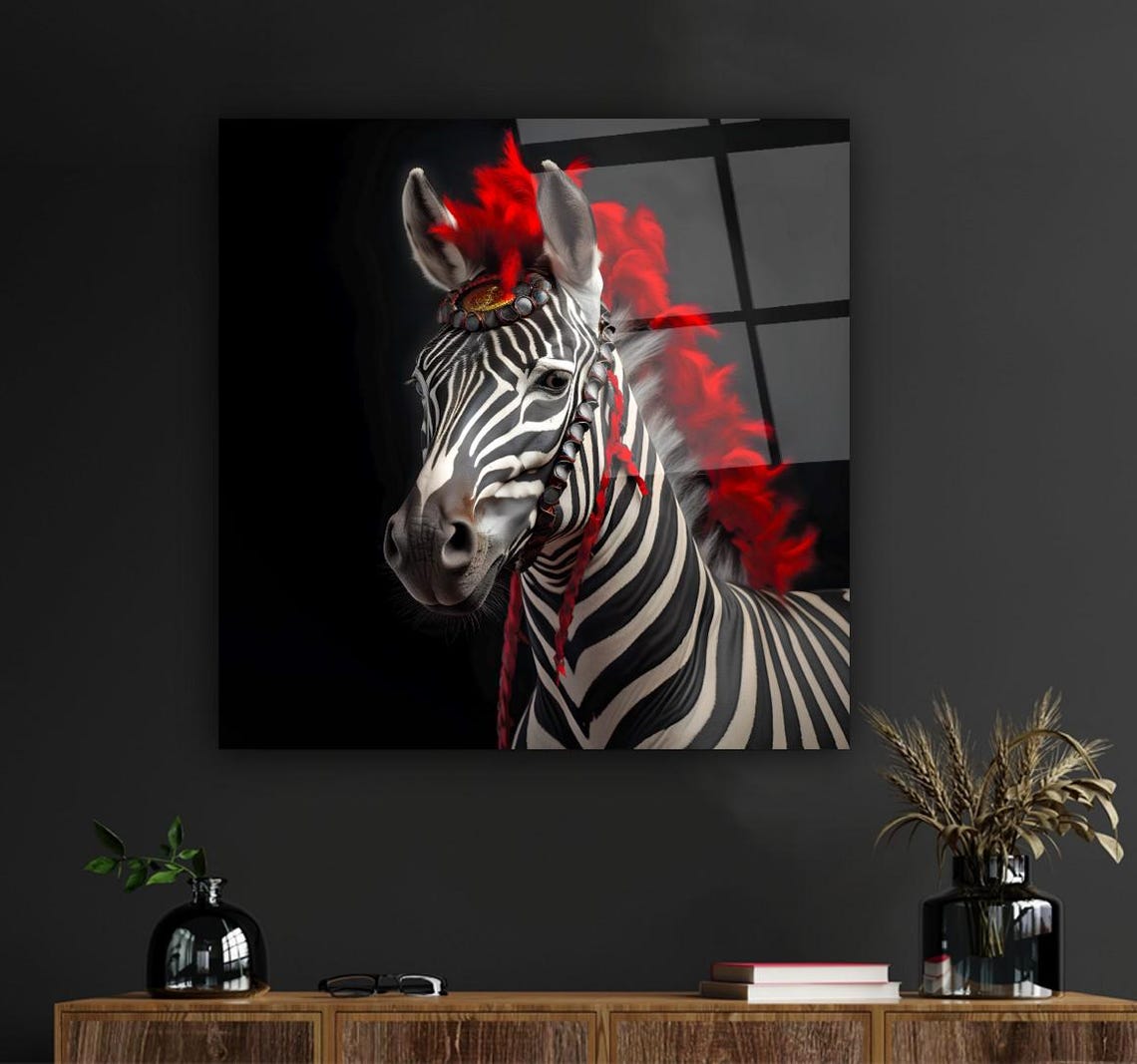 Zebra Portrait With Red Feather Plume On Black Background Poster - Image 2