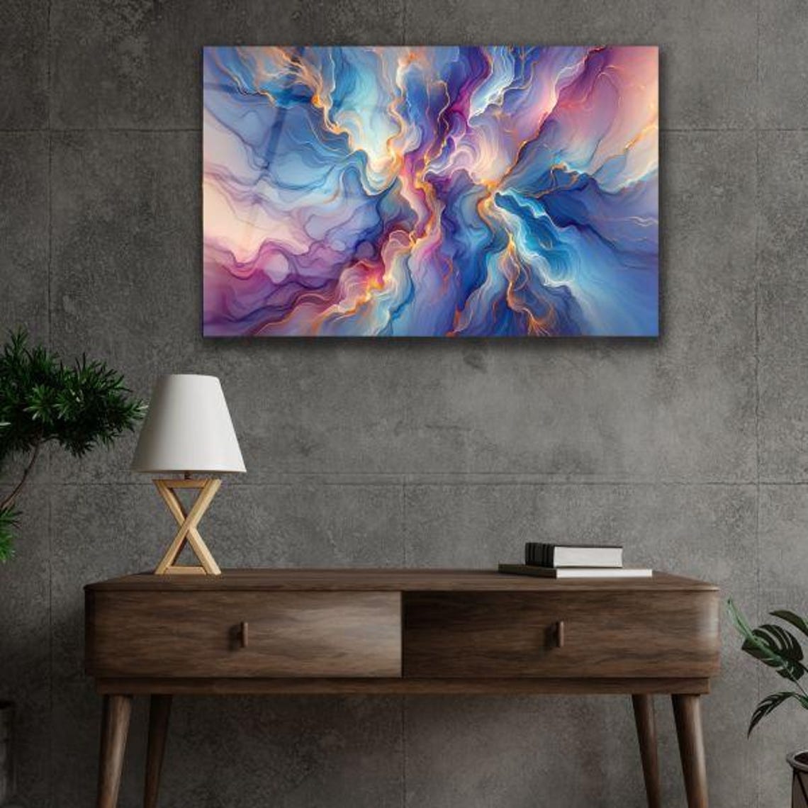Ethereal Blue And Purple Fluid Waves Abstract Tempered Glass Poster