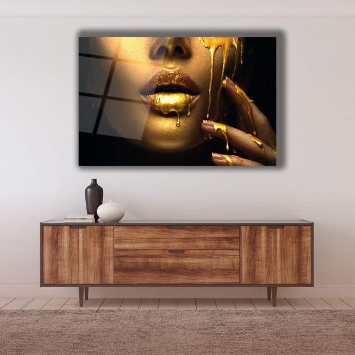 Woman With Dripping Golden Paint Lips Glamour Portrait Poster
