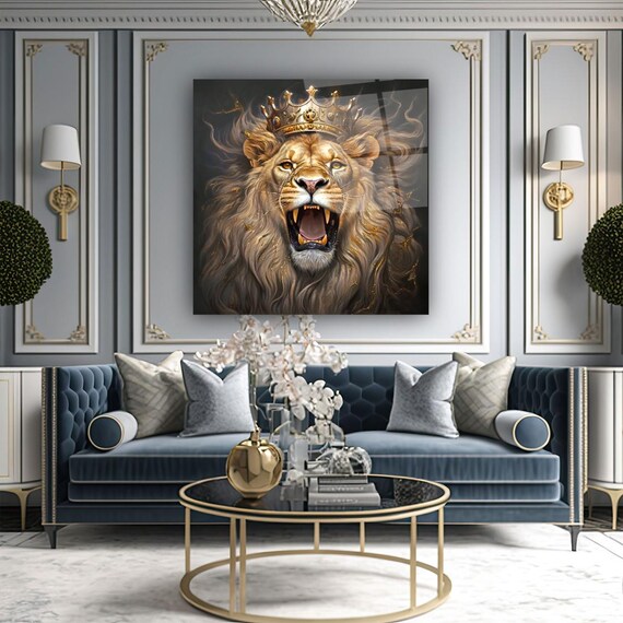 Regal Lion Portrait Wall Art Tempered Glass Print Modern Animal Wall Decor Luxury Glass Wall Art For Home And Office