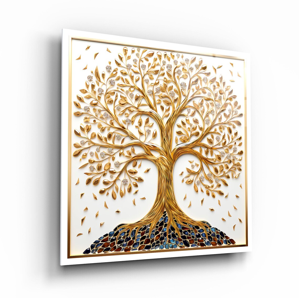 Golden Tree Of Life On Cream With Mosaic Base Modern Glass Poster - Image 2