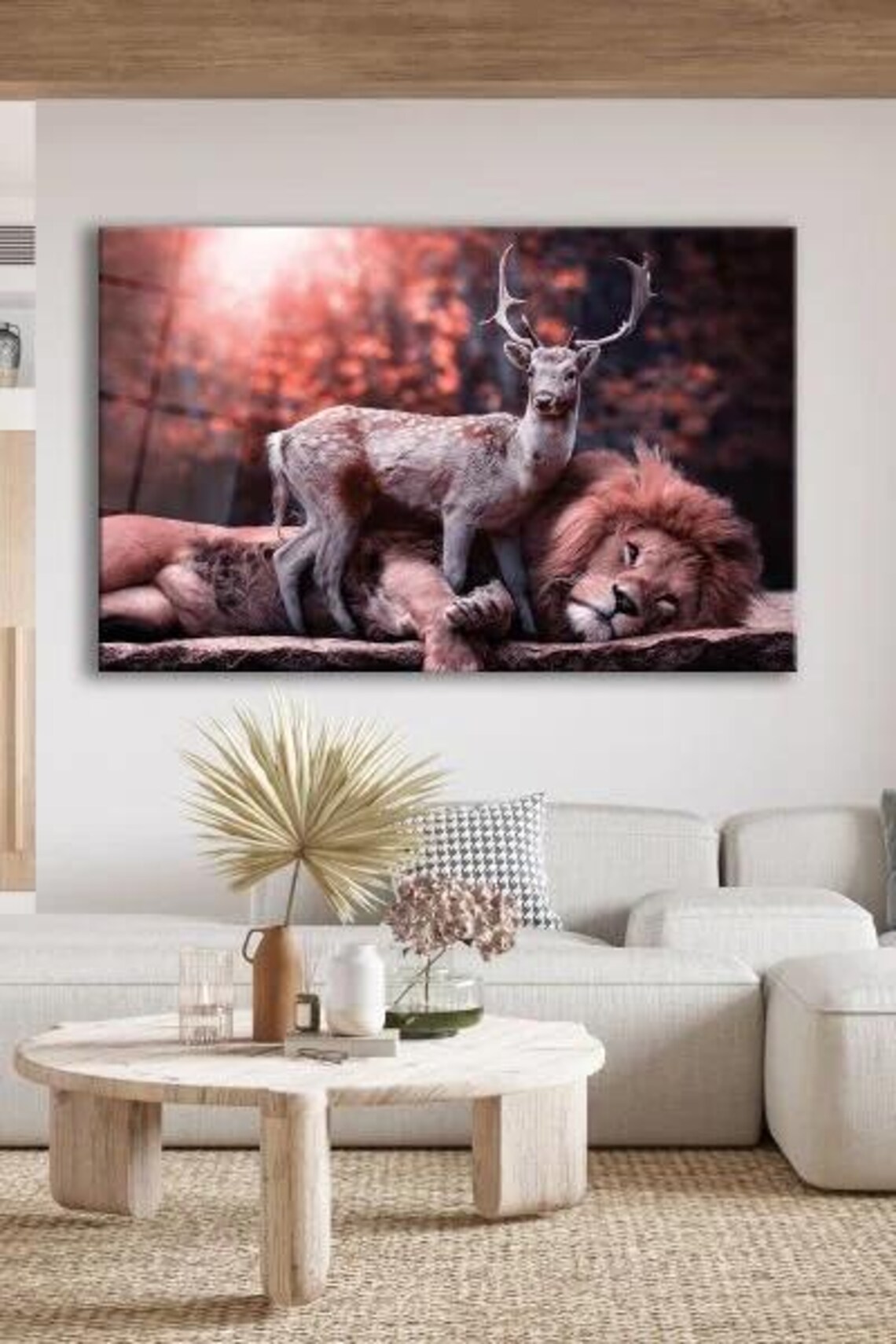 Sleeping Lion And Stag In Enchanted Red Forest Tempered Glass Art Poster - Image 2