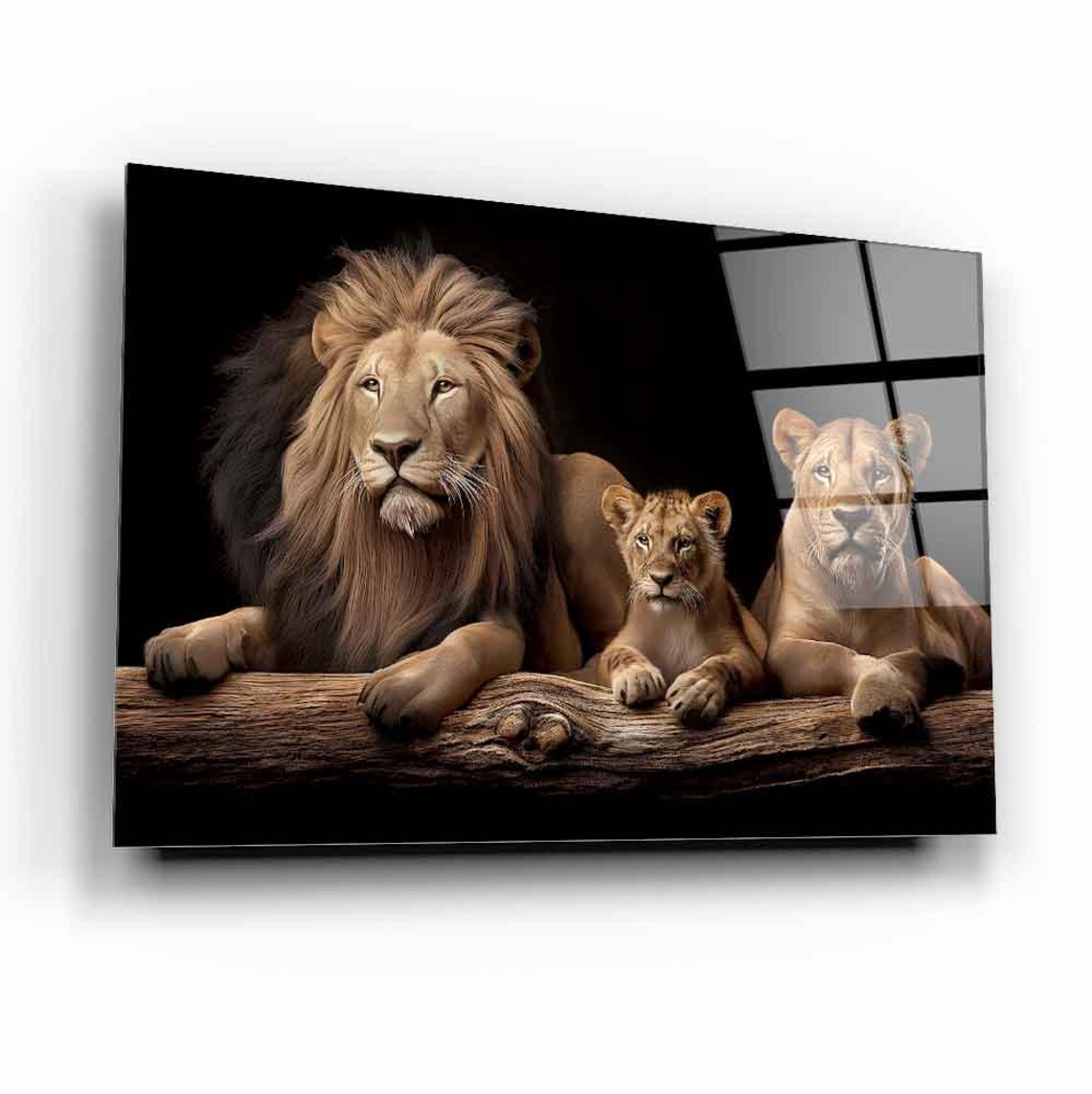 Proud Lion Family Resting On Log Dark Wildlife Portrait Poster - Image 2