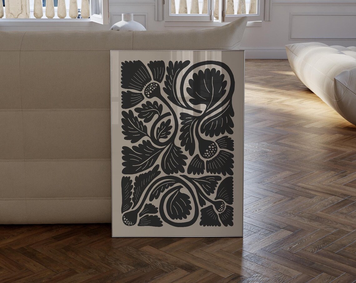 Ornate Black Floral Pattern Vintage Woodblock Beige Wall Art