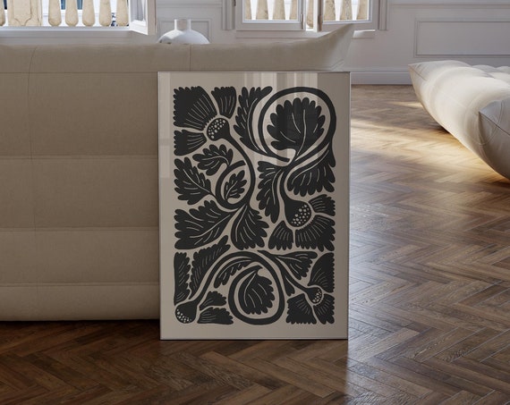 Modern Botanical Wall Decor Beige And Black Art Print For Mid Century Modern Decor Organic And Moody Wall Art 0507
