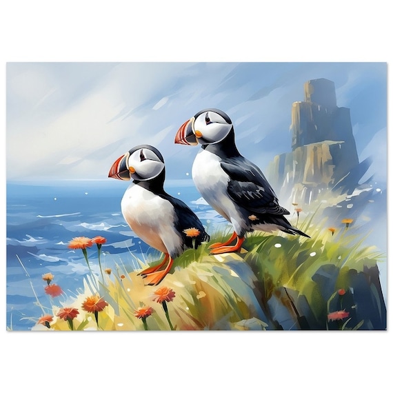 Puffin Watercolour Print Of Two Puffins On The Cliff
