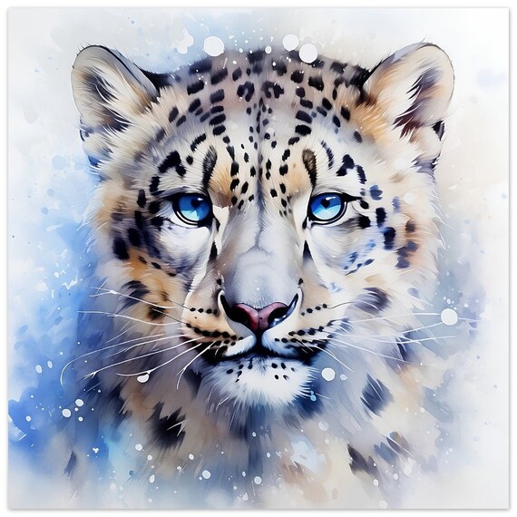 Snow Leopard Cub With Big Blue Eyes Close Up Watercolour Poster
