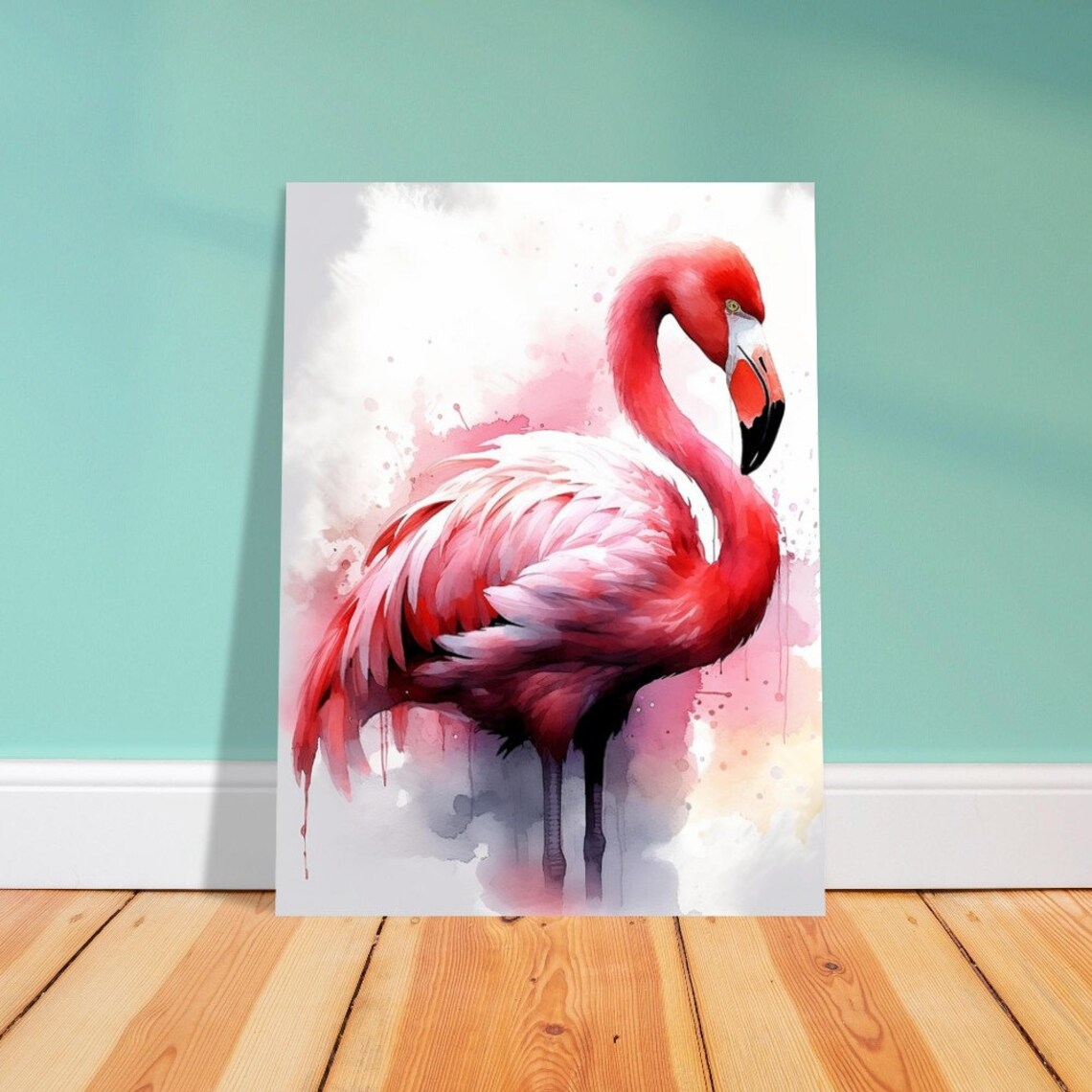 Pink Flamingo Standing Tall Watercolour Tropical Bird Portrait Poster - Image 2