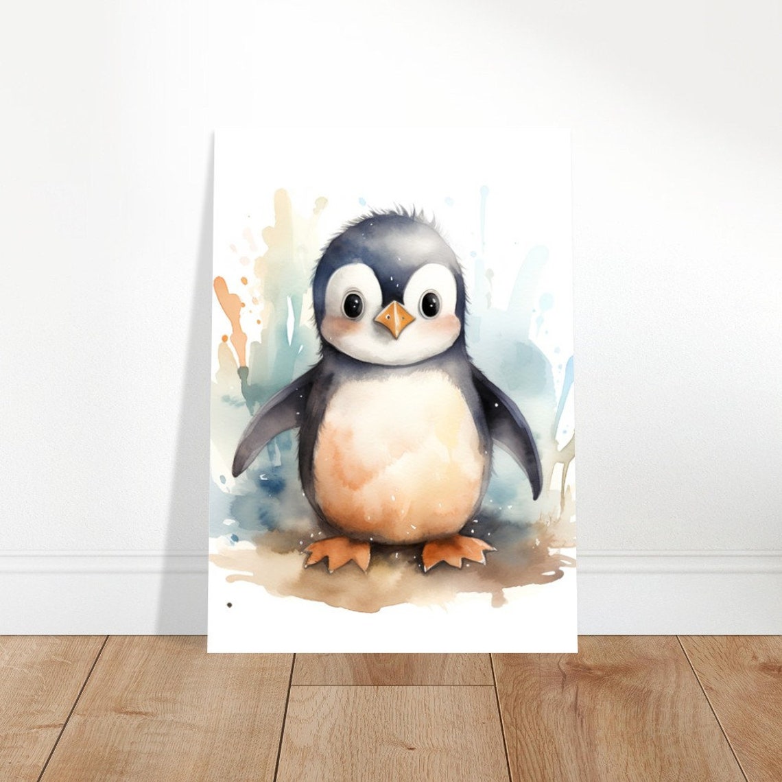 Cute Baby Penguin With Orange Beak Watercolour Bird Portrait Poster - Image 3