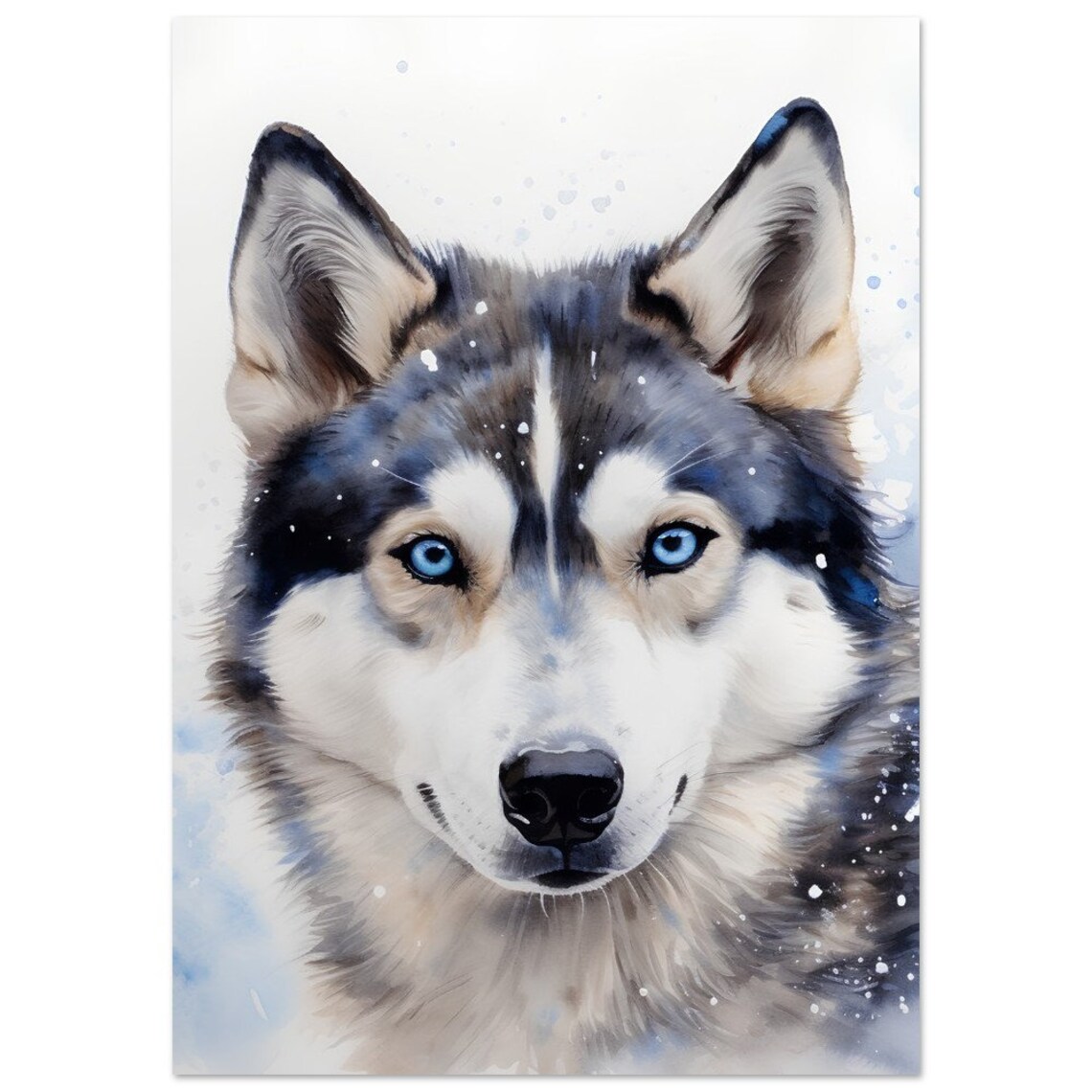 Beautiful Husky Icy Blue Eyes Watercolour Snow Dog Portrait Poster