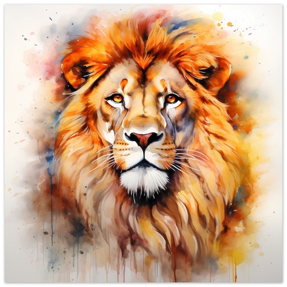 Lion Portrait Watercolour Painting Majestic Mane Splash Art Poster