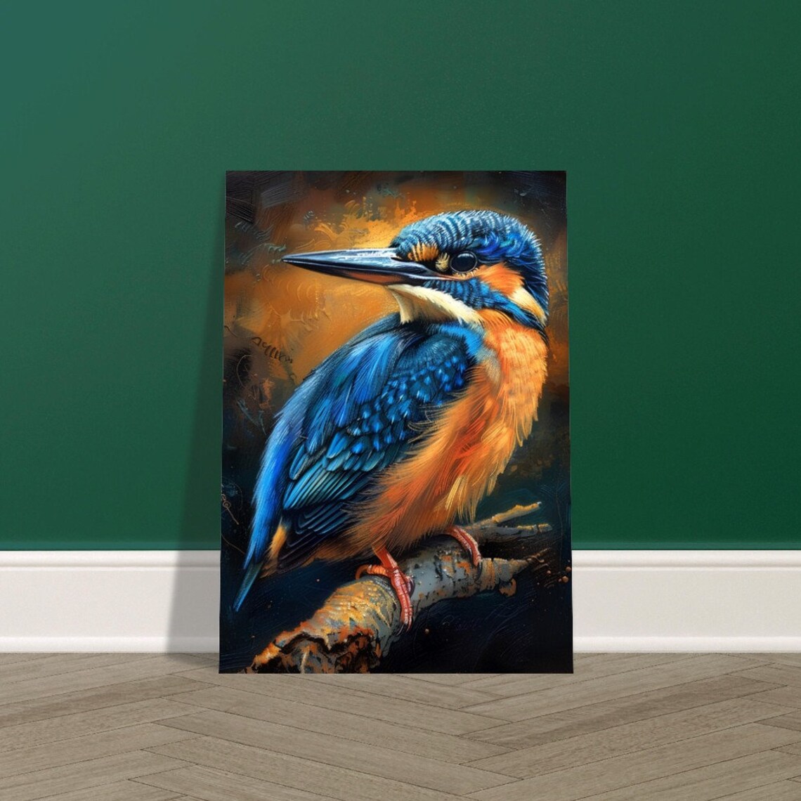 Jewel Like Kingfisher on Branch Moody Watercolour Bird Art Poster - Image 3