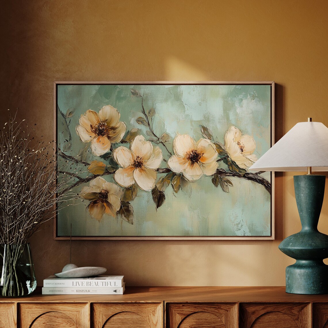 Creamy Yellow Blossoms Branch Sage Green Textured Floral Art Poster