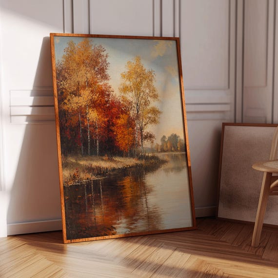 Rustic Autumn River Landscape, Fall Trees Reflected On Water