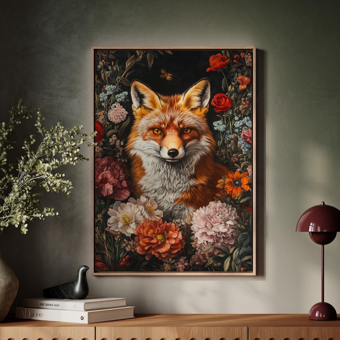 Red Fox Floral Portrait Wildflower Dark Botanical Rustic Nature Poster