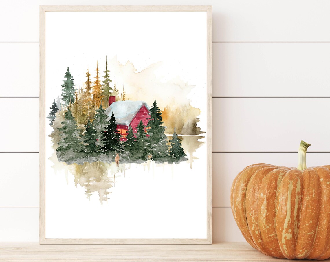 Cozy Red Cabin In Snowy Woodland Forest Winter Watercolor Poster - Image 3