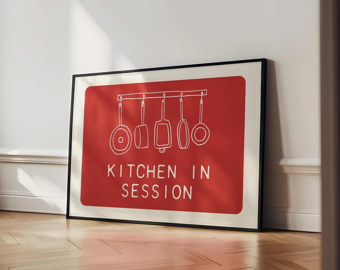 Kitchen In Session Retro Red Pans Line Art Kitchen Wall Poster