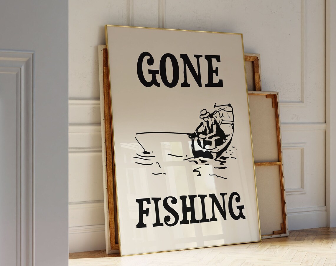 Gone Fishing Vintage Retro Fisherman Boat Lake Quote Wall Poster